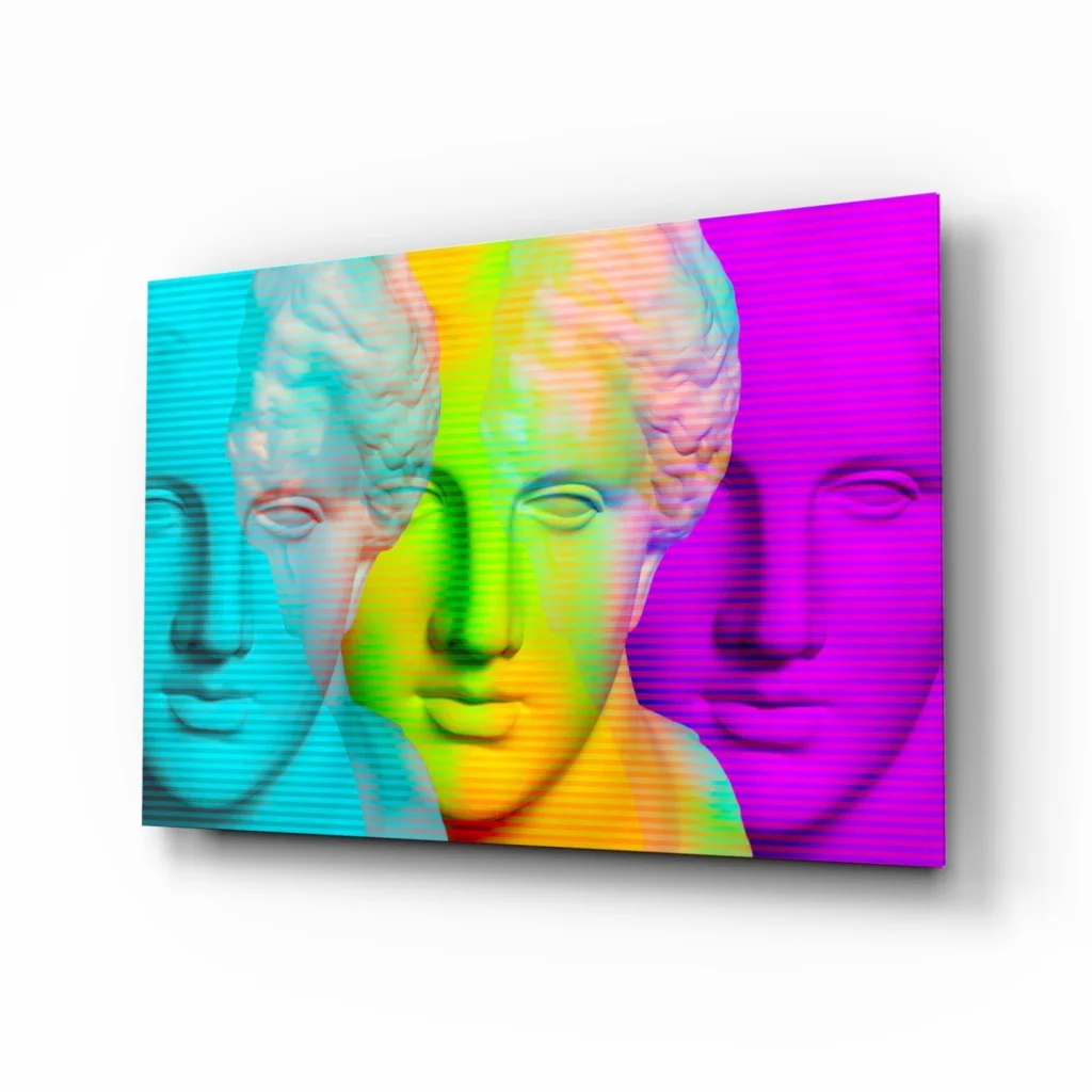 Psychedelic marble busts in cyan, lime, magenta on rainbow wall art canvas