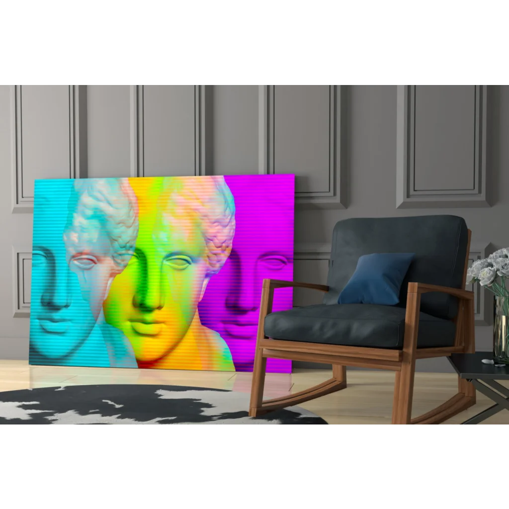 Psychedelic rainbow marble busts wall art canvas print in vibrant hues