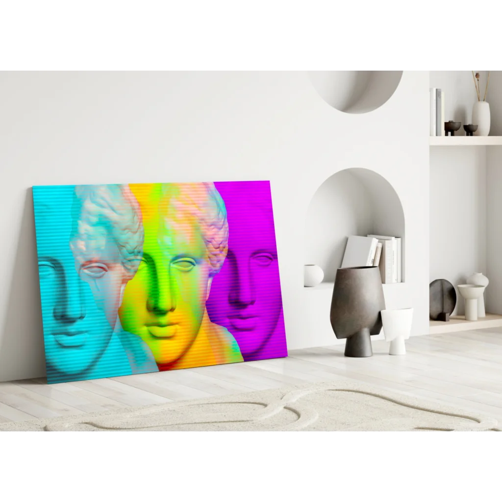 Psychedelic marble busts rainbow canvas wall art with vibrant sculptures