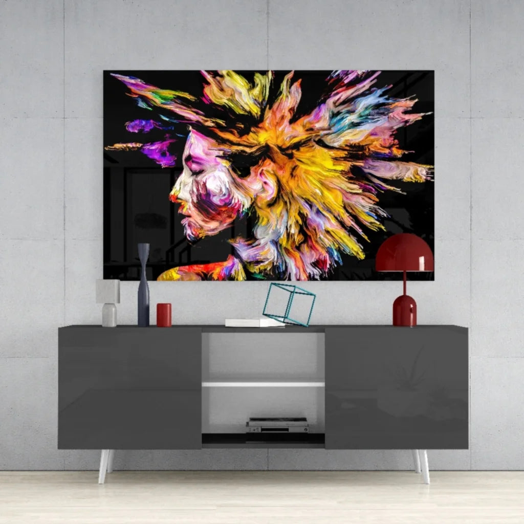 Vibrant explosive color portrait glass wall art on black canvas