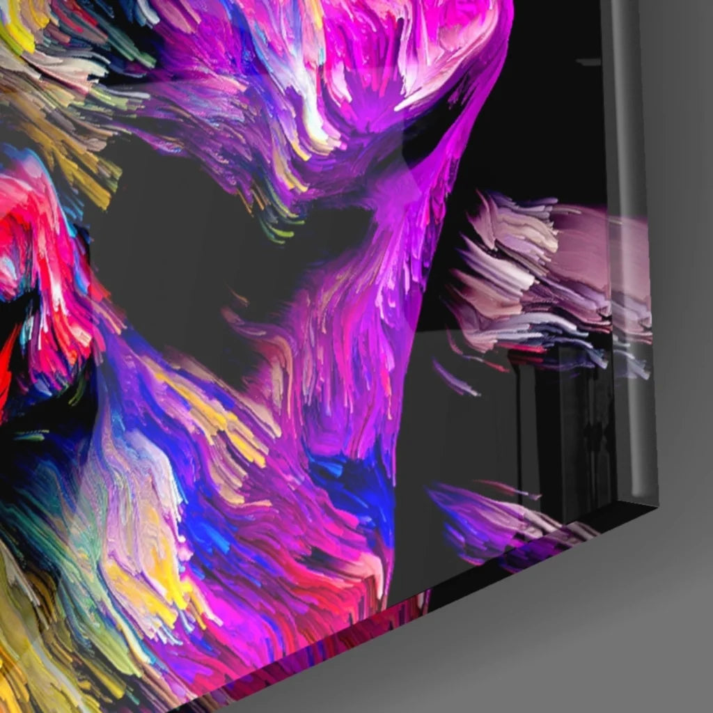 Vibrant explosive color burst glass wall art with bold purple pink blue yellow strokes on black canvas