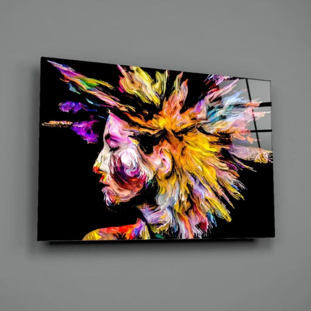 Vibrant explosive color portrait glass wall art on black canvas