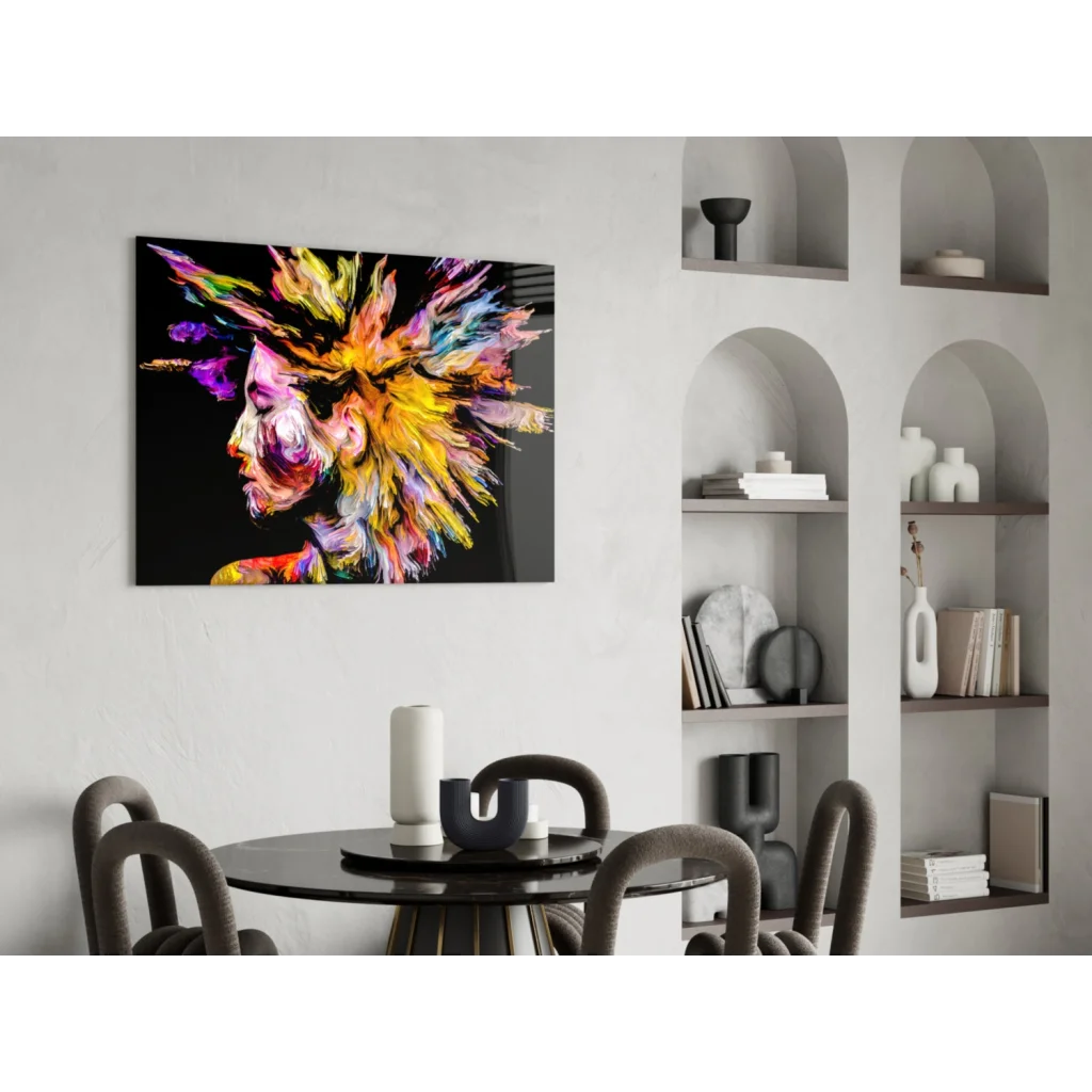 Vibrant abstract woman portrait glass wall art on black canvas