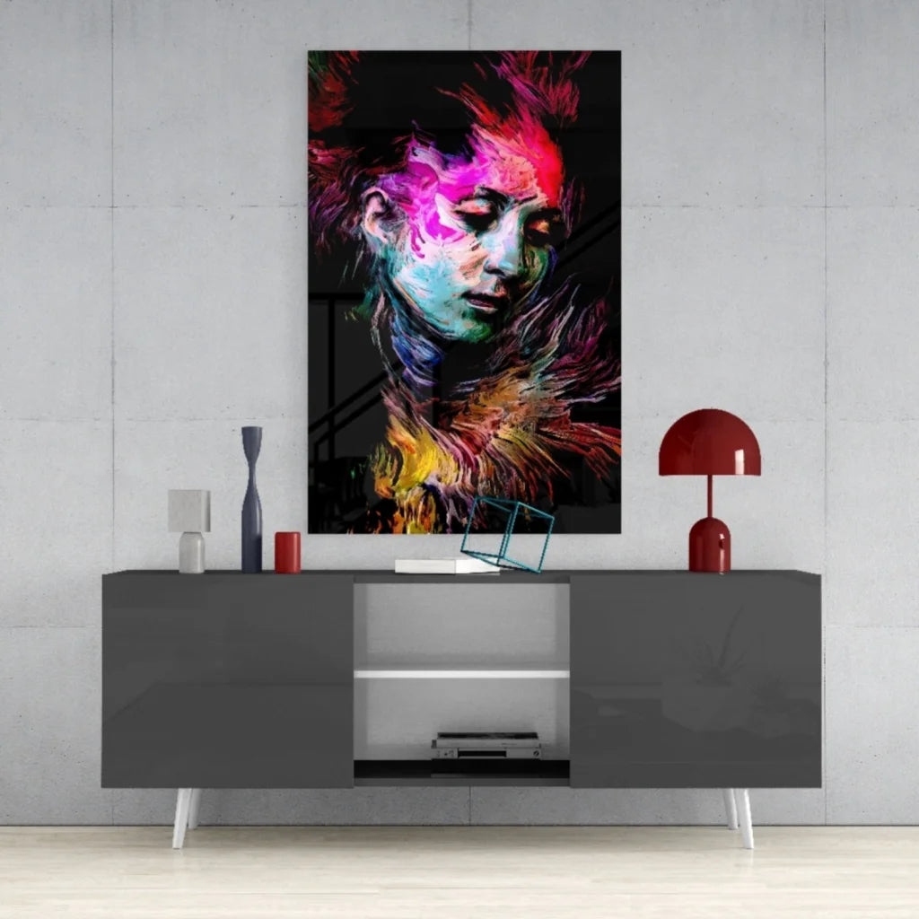 Vibrant neon swirl abstract portrait glass wall art of womans face