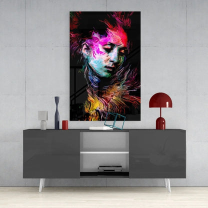 Vibrant neon swirl abstract portrait glass wall art of womans face