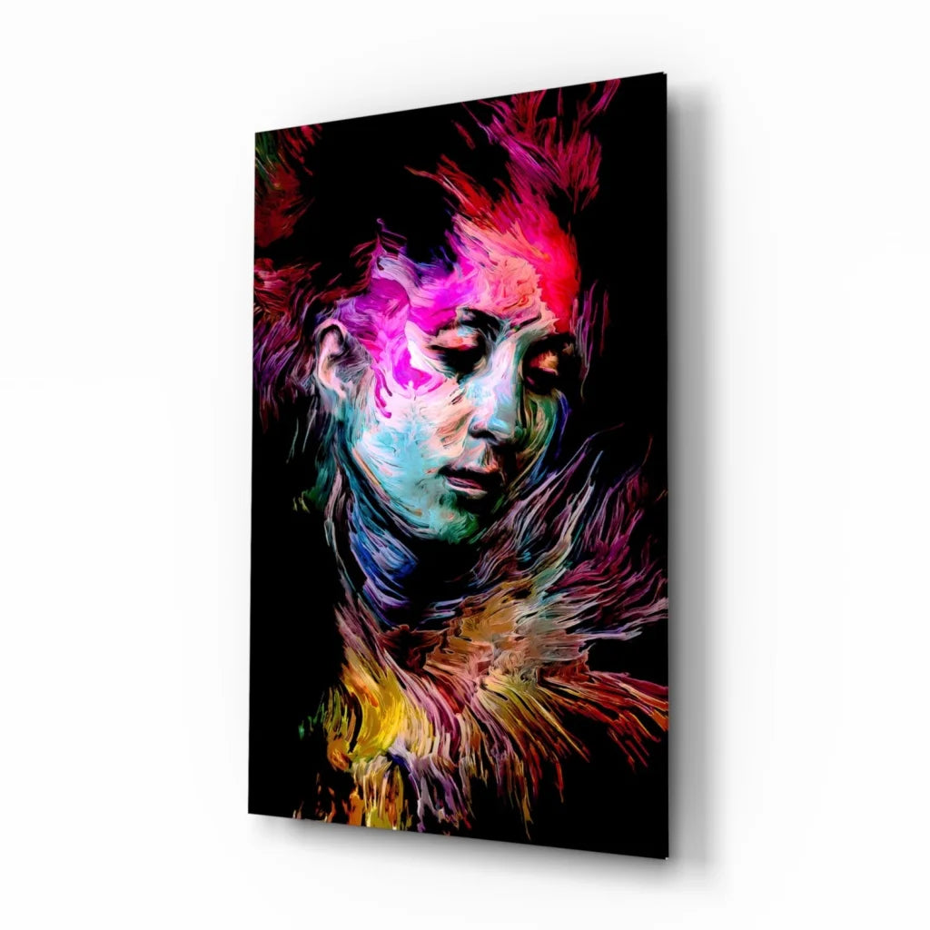 Vibrant neon swirl abstract portrait on glass wall art canvas