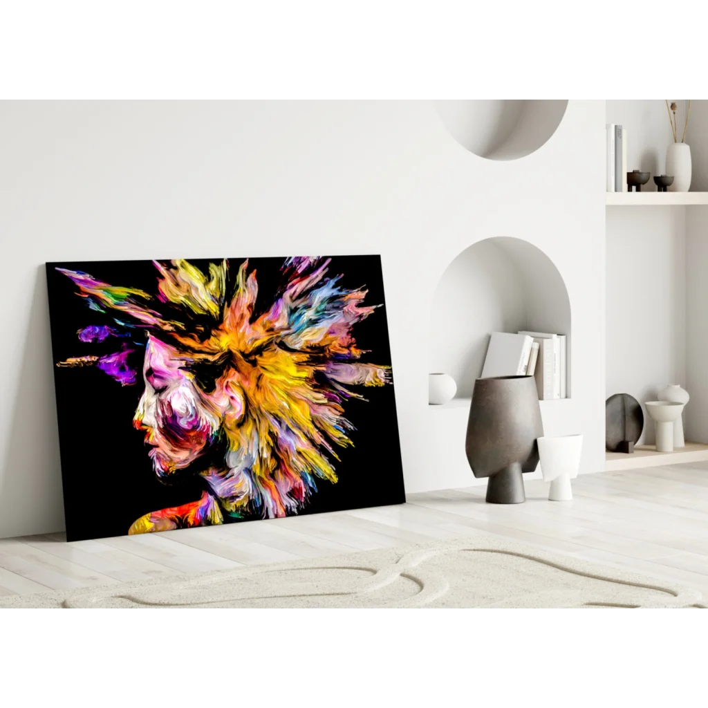 Vibrant explosive color portrait glass wall art on black canvas