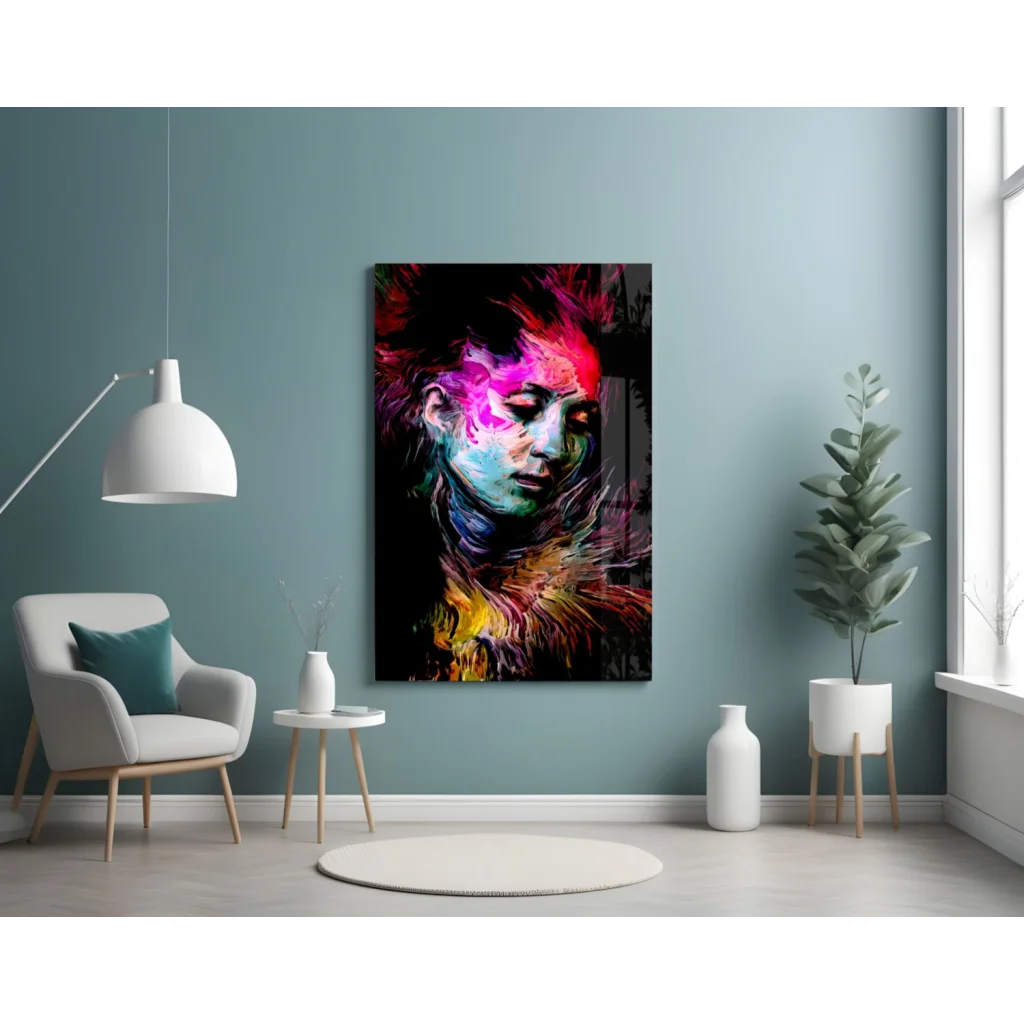 Vibrant neon swirl abstract portrait glass wall art of woman’s face