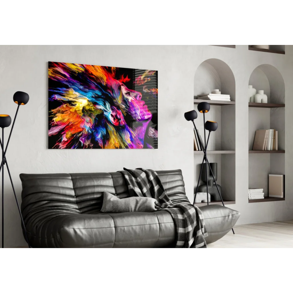 Vibrant rainbow explosion glass wall art with stylized face on dark canvas