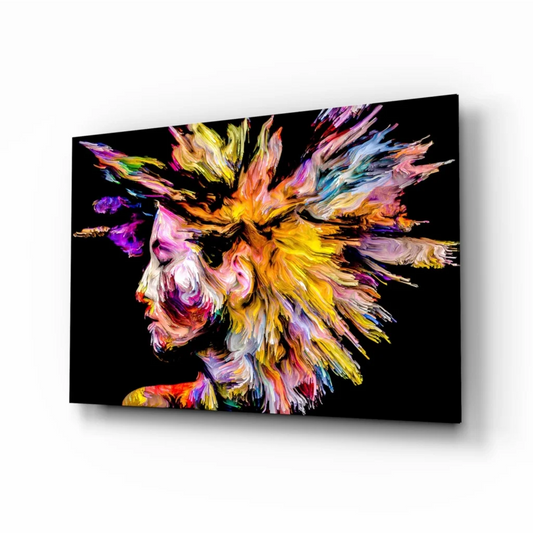 Vibrant explosive color portrait glass wall art on black canvas