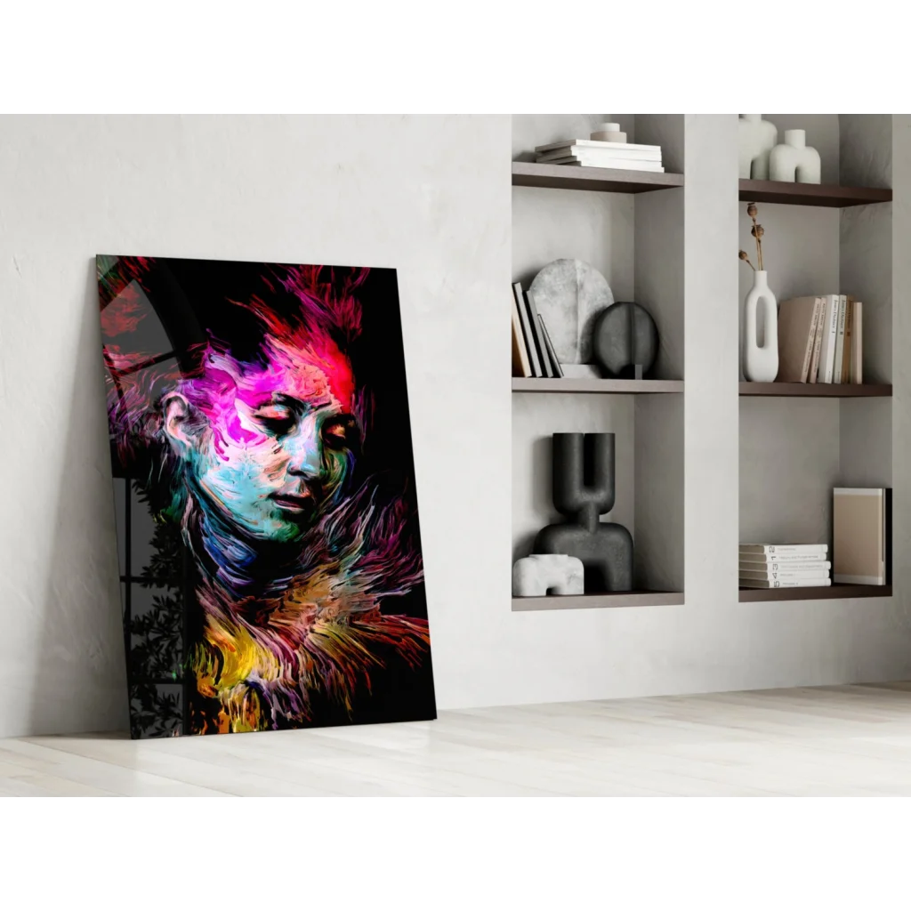 Vibrant neon swirl abstract portrait on glass wall art canvas