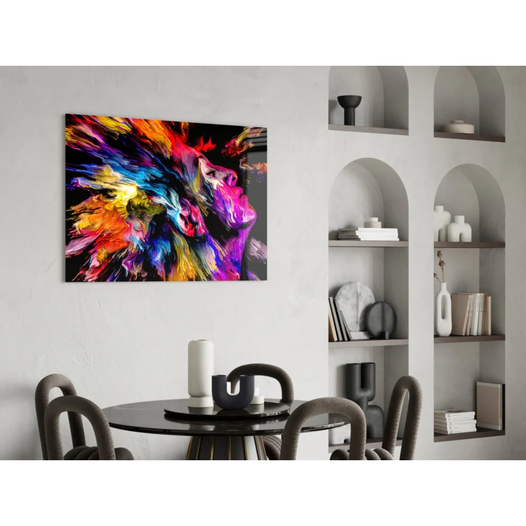 Vibrant explosive color burst glass wall art canvas print with rainbow hues on black