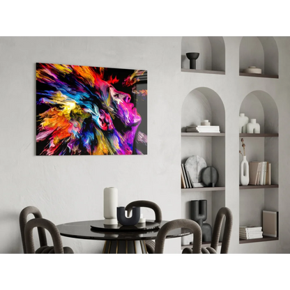 Vibrant explosive color burst glass wall art canvas print with rainbow hues on black