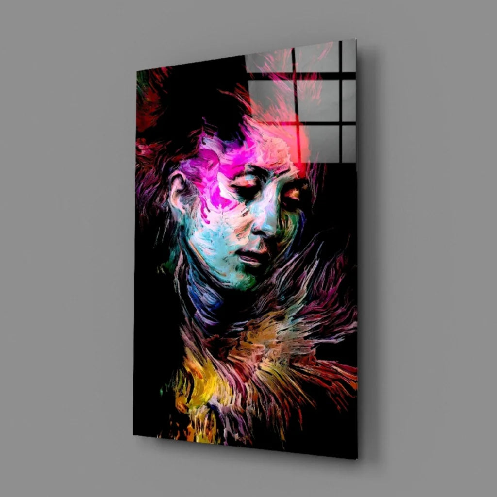Vibrant neon swirl abstract portrait woman on glass wall art canvas