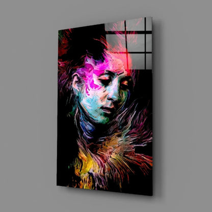 Vibrant neon swirl abstract portrait woman on glass wall art canvas