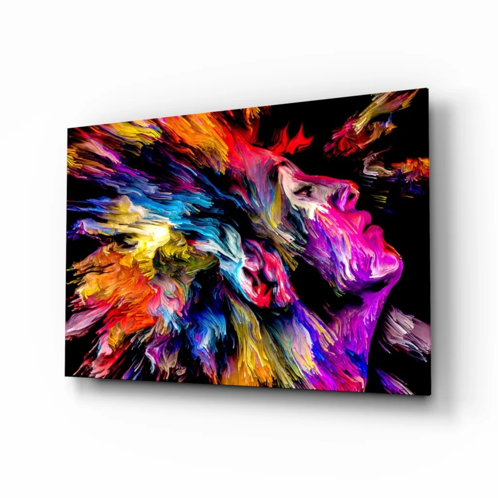 Vibrant explosive color burst glass wall art with abstract face