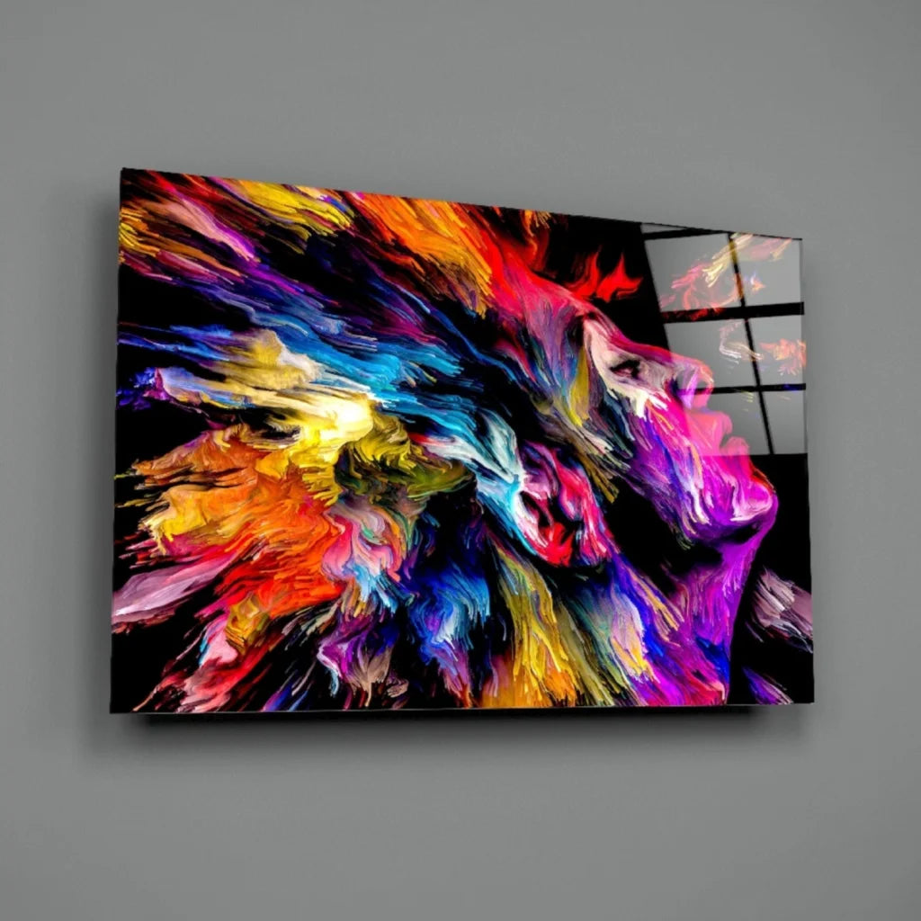 Vibrant explosive color burst glass wall art with swirling hues around human profile