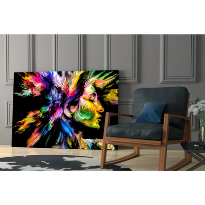Vibrant abstract glass wall art print of colorful dynamic face