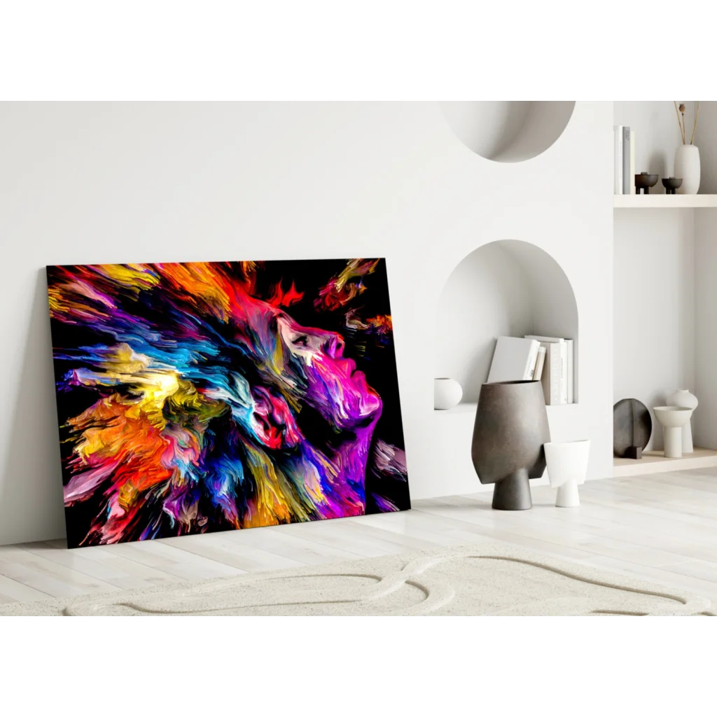 Vibrant explosive color burst glass wall art canvas print on black background