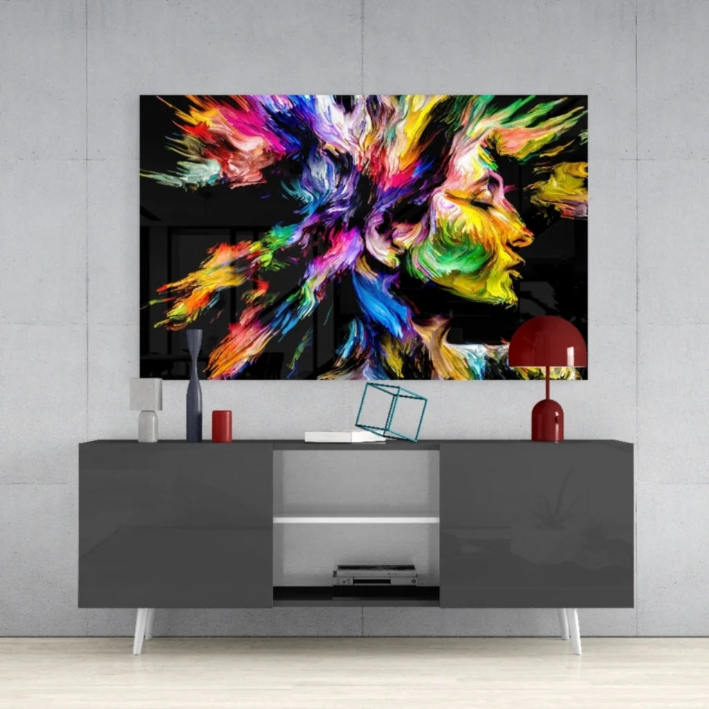 Vibrant abstract glass wall art print of woman’s profile in rainbow bursts on black
