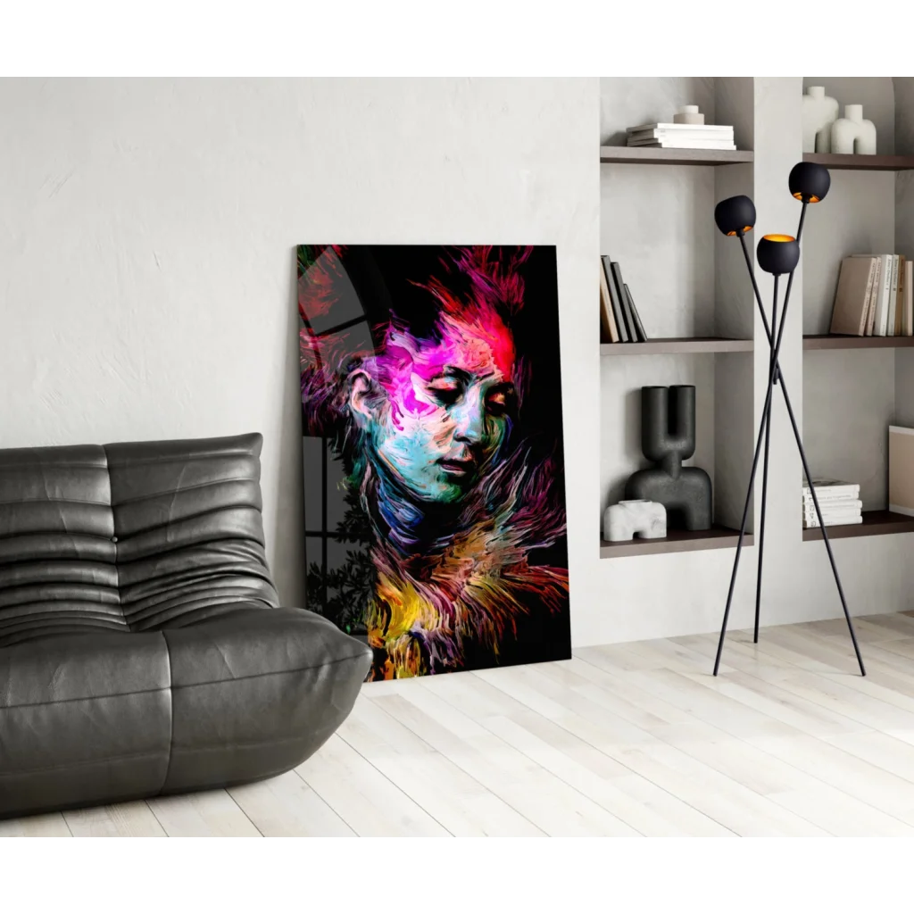 Vibrant neon swirl abstract portrait on glass wall art canvas