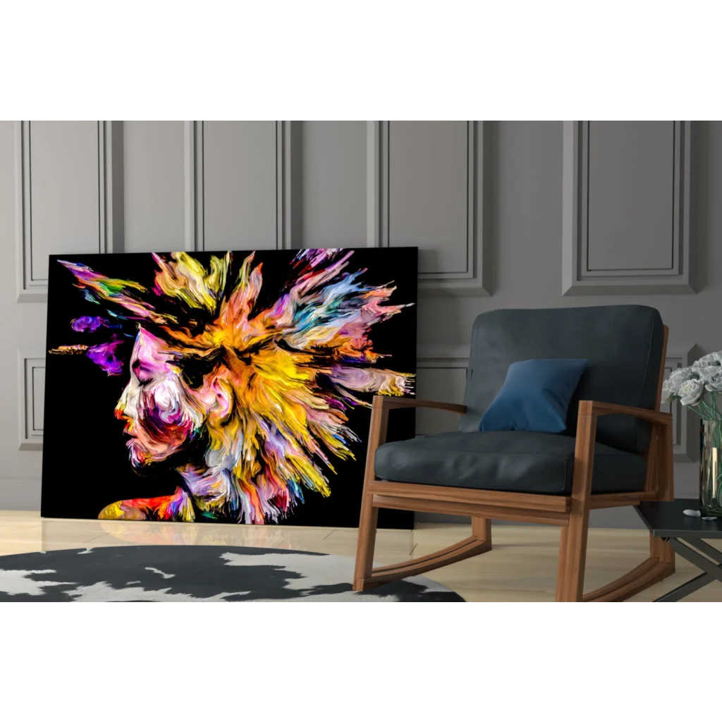 Vibrant explosive color portrait glass wall art on black canvas