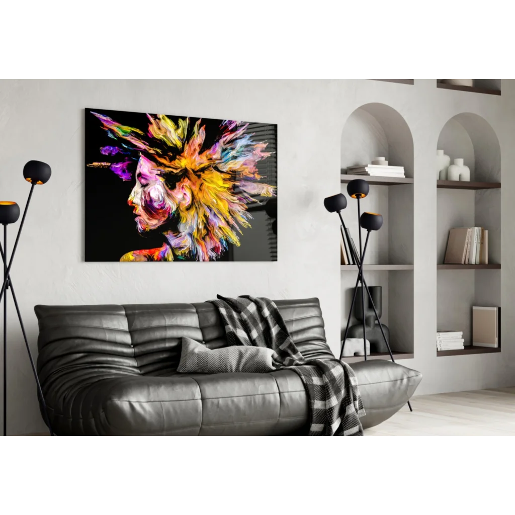 Vibrant explosive color portrait glass wall art on black canvas