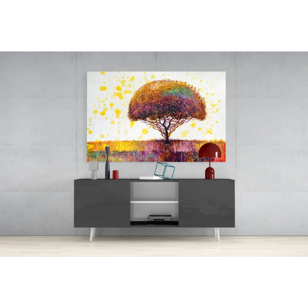Vibrant rainbow tree splash canvas wall art with multicolored canopy
