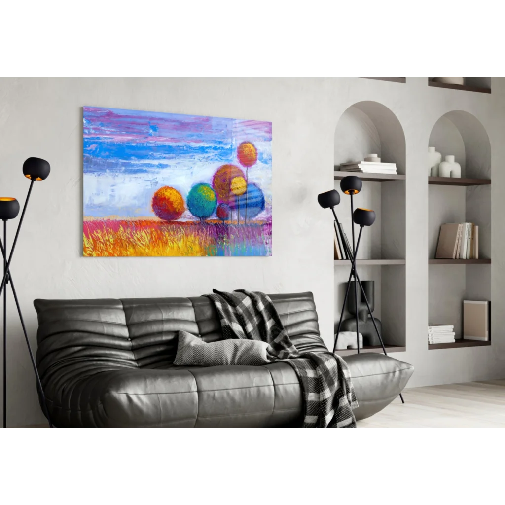 Colorful Sphere Trees Canvas Wall Art With Golden Fields | Contemporary Home Wall Art | vintageantiquesgifts.com