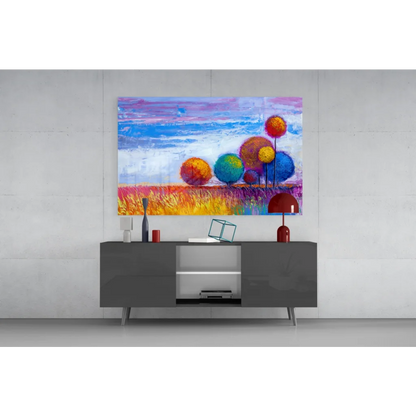 Vibrant colorful sphere trees wall art canvas with golden fields