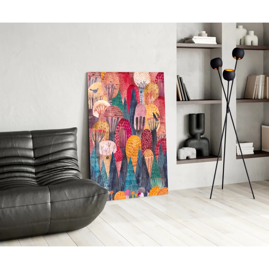 Vibrant whimsical jellyfish and forest glass wall art canvas in reds, oranges, greens
