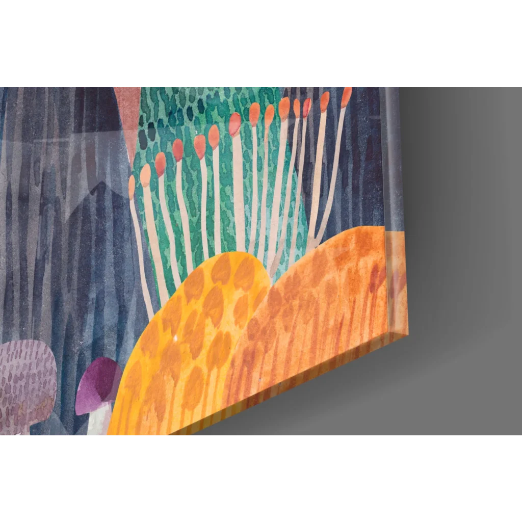 Vibrant whimsical jellyfish and forest glass wall art with orange green mushrooms