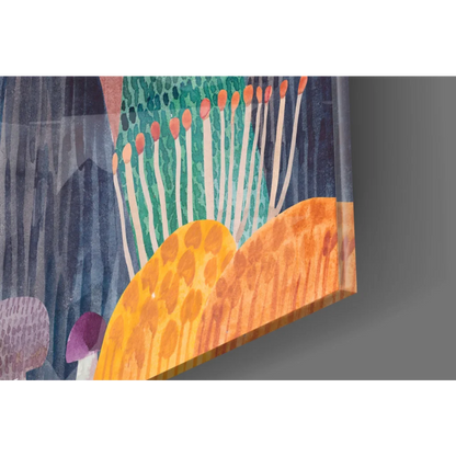 Vibrant whimsical jellyfish and forest glass wall art with orange green mushrooms