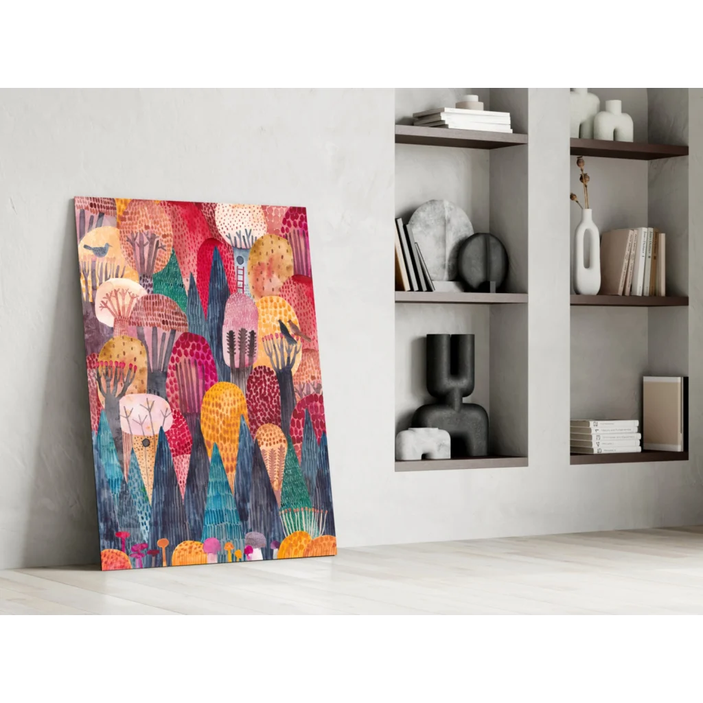 Vibrant whimsical jellyfish and forest glass wall art canvas in bold colors