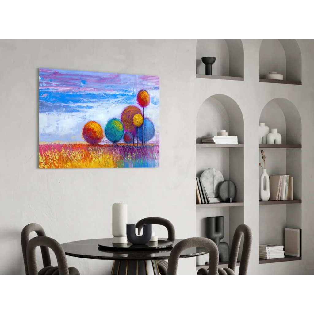 Vibrant colorful sphere trees canvas wall art with golden fields