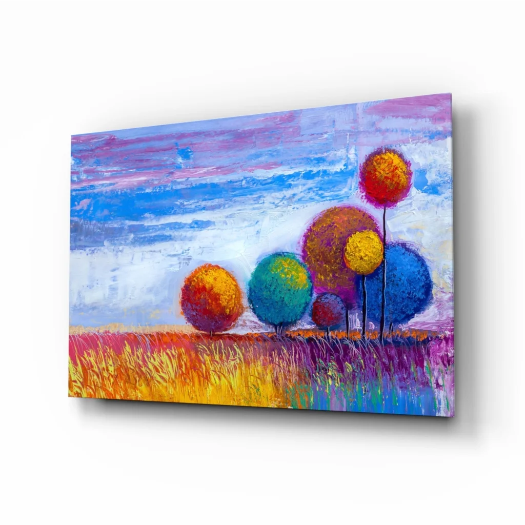 Colorful Sphere Trees Canvas Wall Art With Golden Fields | Insigneart USA | vintageantiquesgifts.com