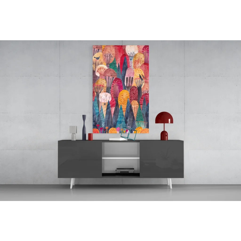 Vibrant whimsical jellyfish and forest wall art canvas with colorful mushrooms