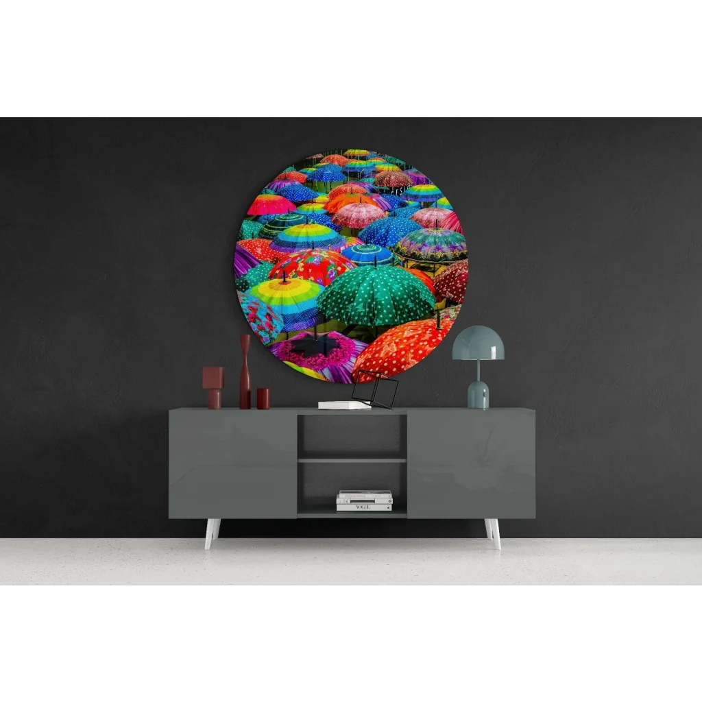 Vibrant tempered glass art circle of colorful umbrellas collage