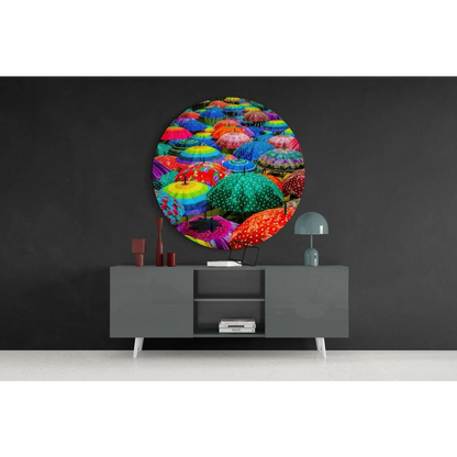 Vibrant tempered glass art circle of colorful umbrellas collage