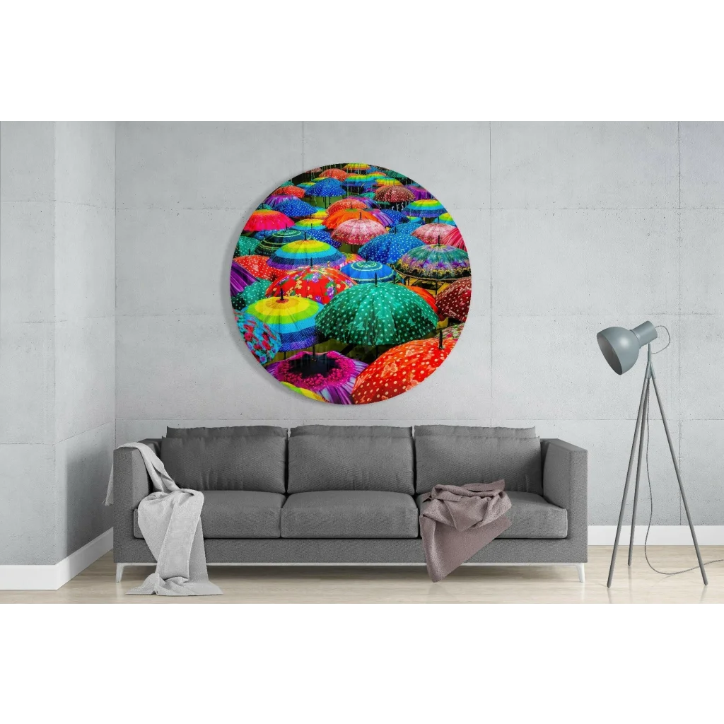 Vibrant colorful umbrella tempered glass art circle with rainbow patterns