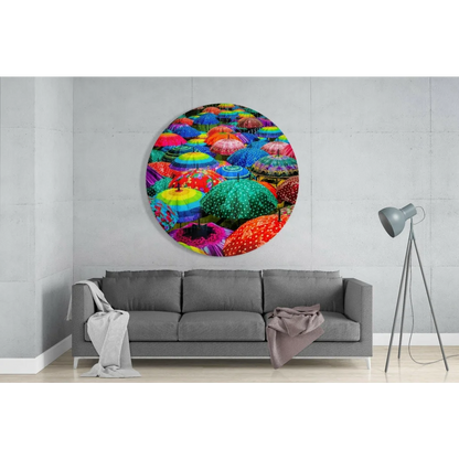 Vibrant colorful umbrella tempered glass art circle with rainbow patterns