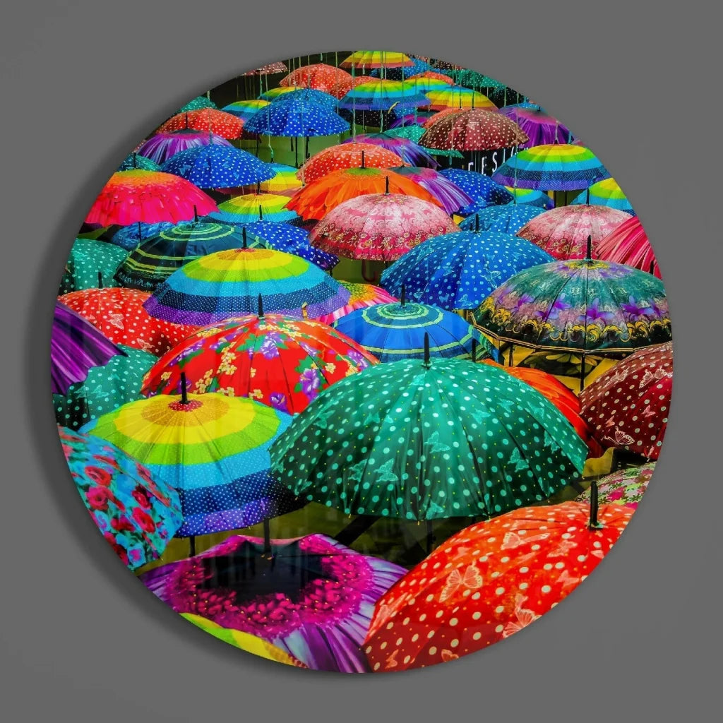 Vibrant colorful umbrella tempered glass art circle with patterns