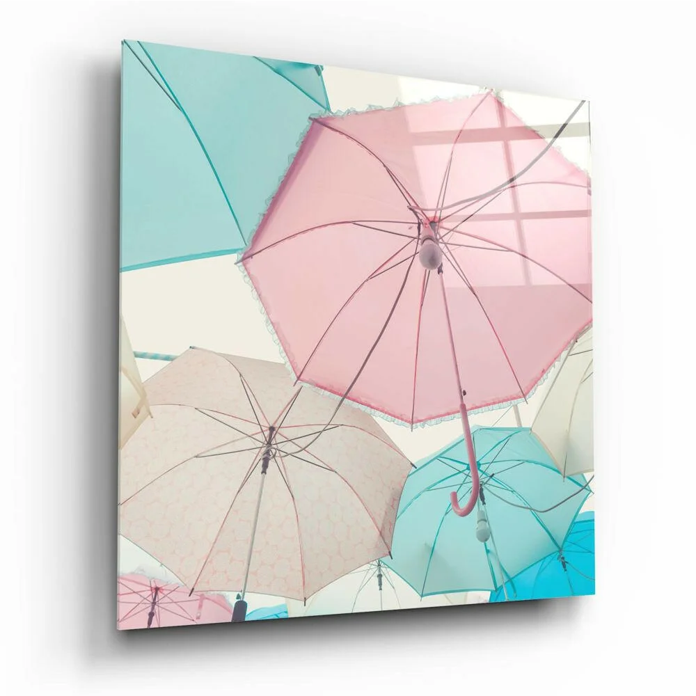 Vibrant pastel umbrella wall art canvas print in pink and mint shades