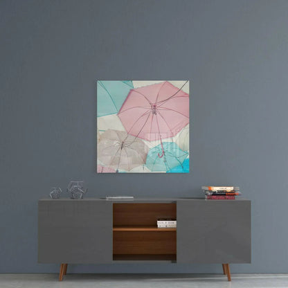 Pastel pink and mint umbrella wall art on square canvas print
