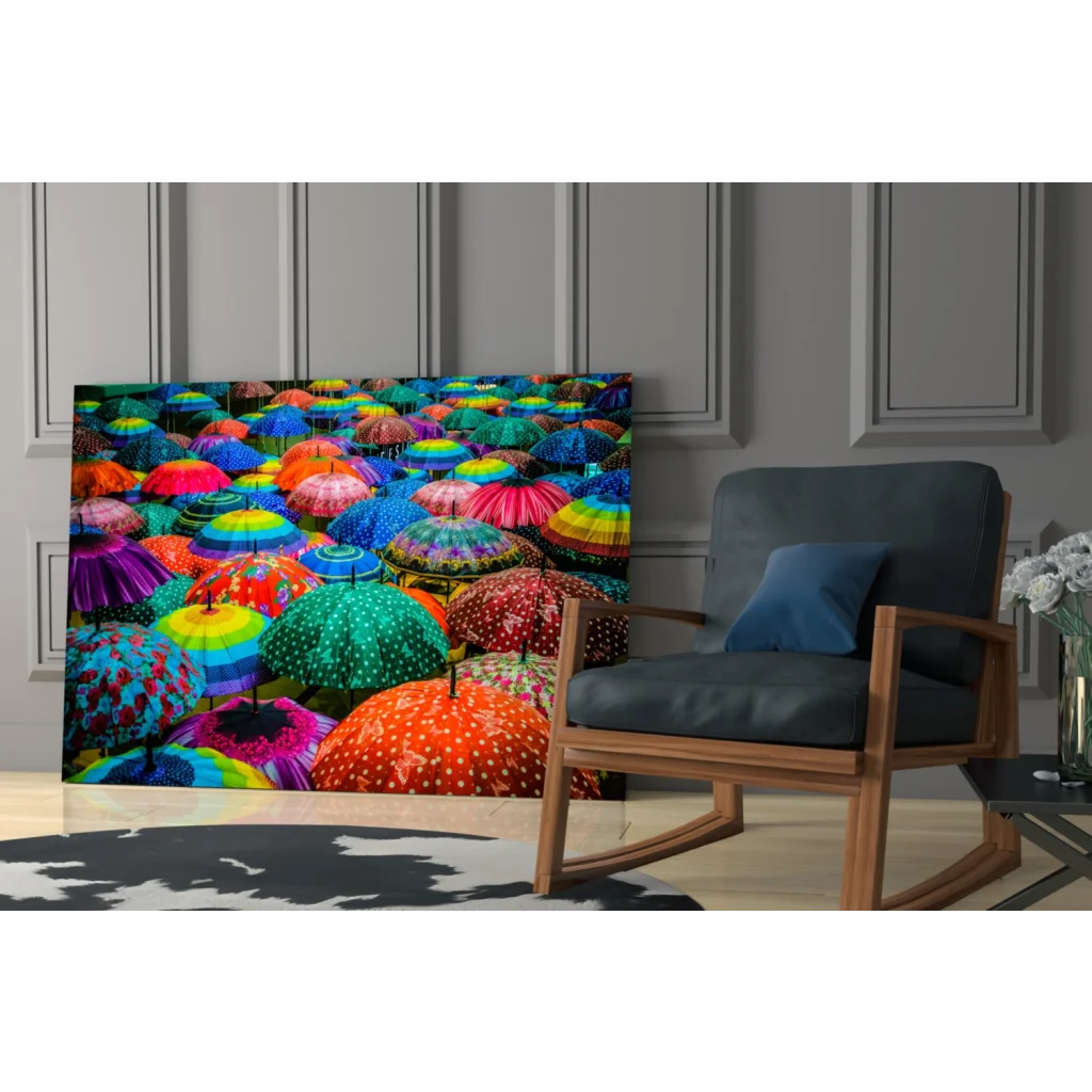 Vibrant rainbow umbrellas on colorful glass wall art print