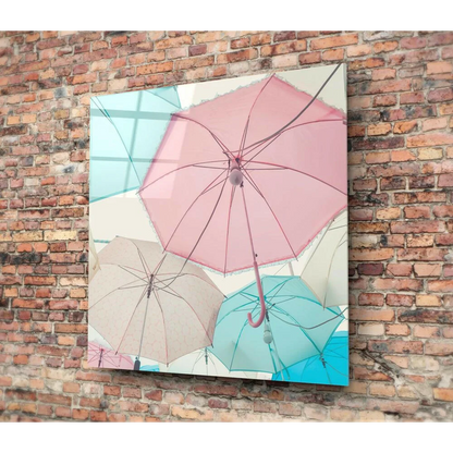 Vibrant pink pastel umbrella wall art canvas print in mint shades