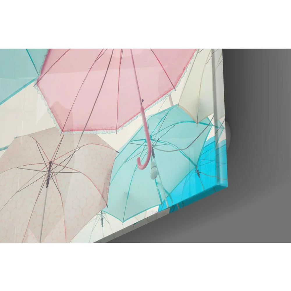 Vibrant pastel umbrella glass wall art in pink and mint shades