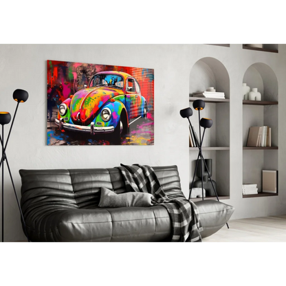 Vibrant rainbow splash Volkswagen Beetle canvas wall art