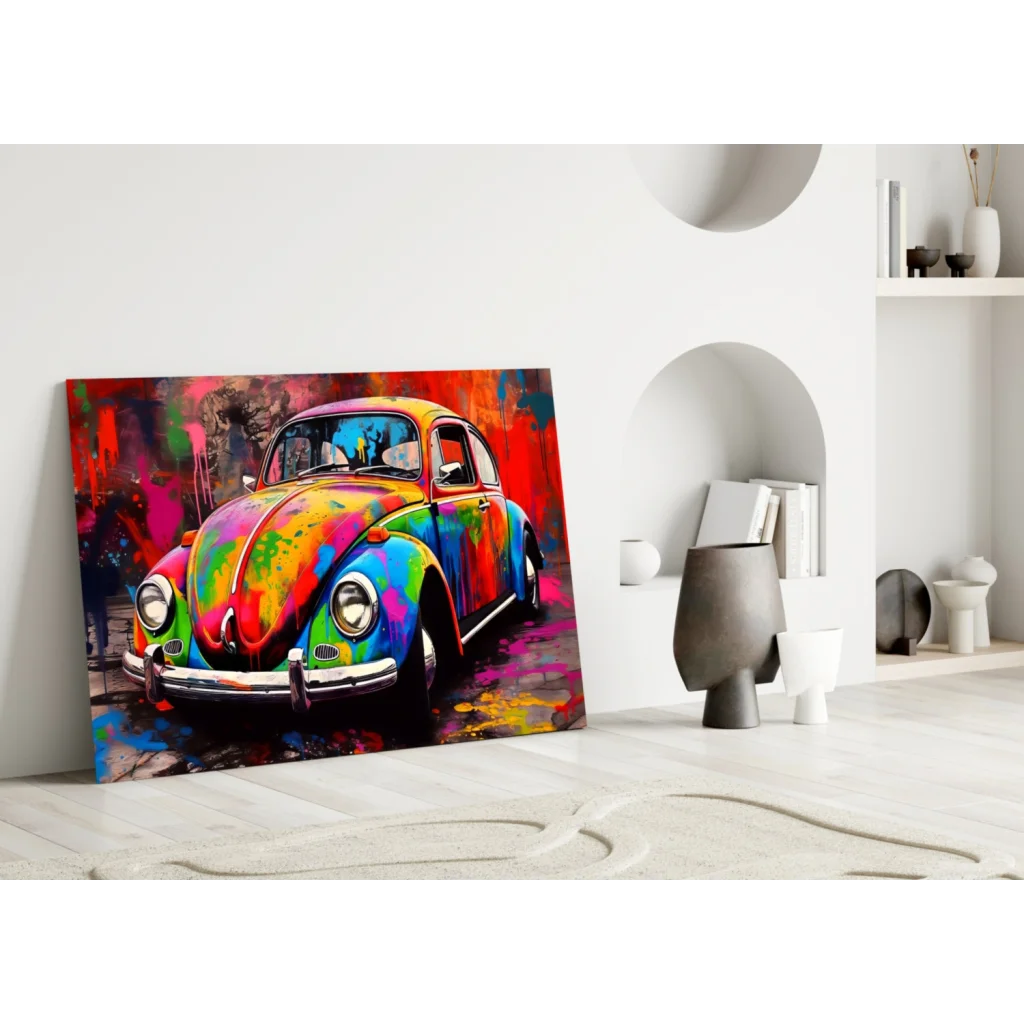 Vibrant rainbow splash Volkswagen Beetle glass wall art canvas