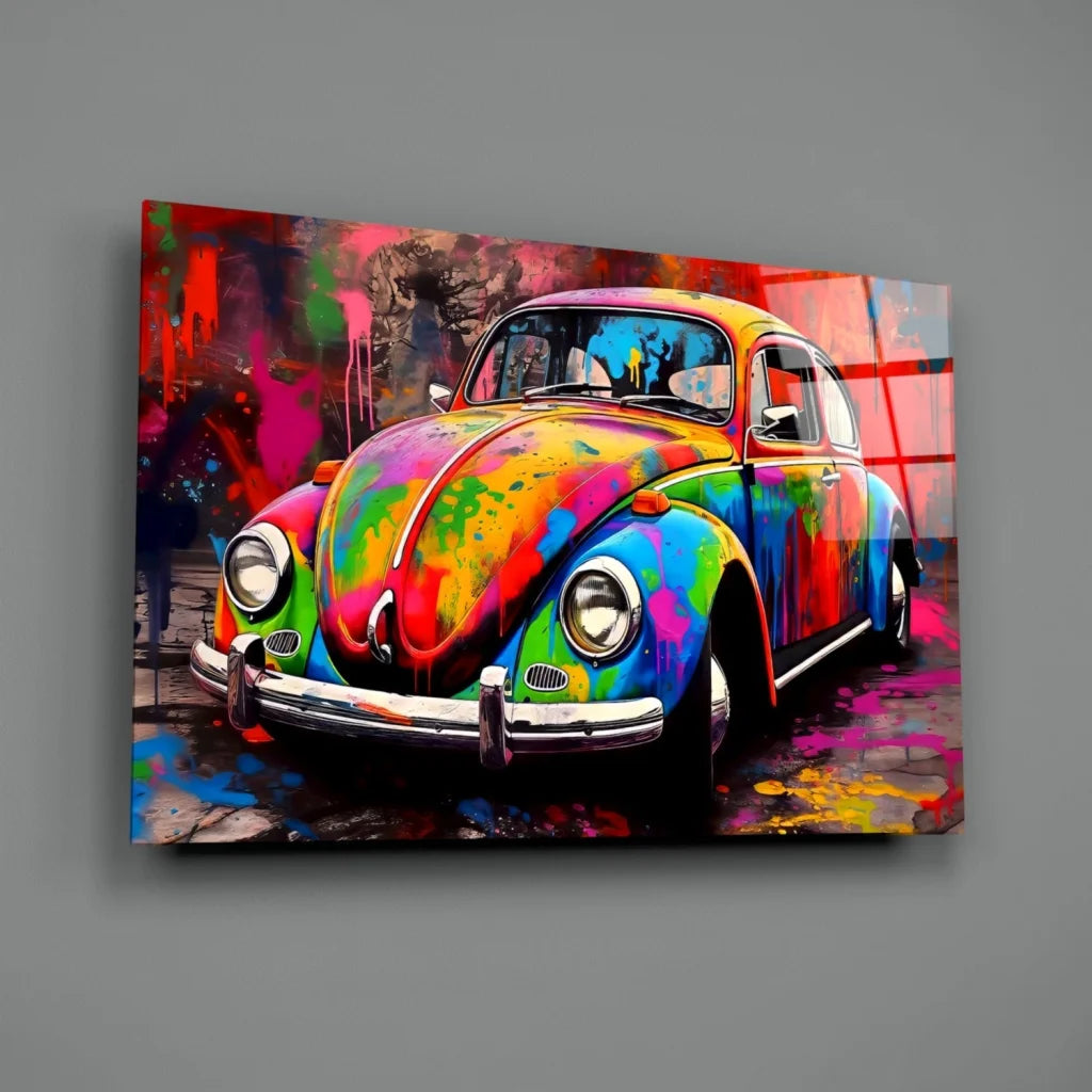 Vibrant rainbow splash Volkswagen Beetle wall art canvas